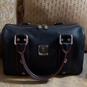 MCM München Black Leather BostonSatchel Bag with Red Trim EUC